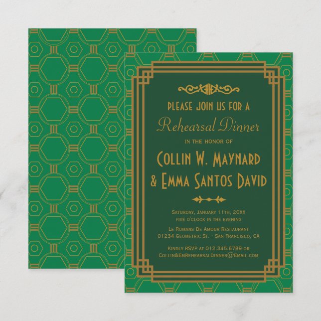 Custom Green Art Deco Rehearsal Dinner Invites (Front/Back)