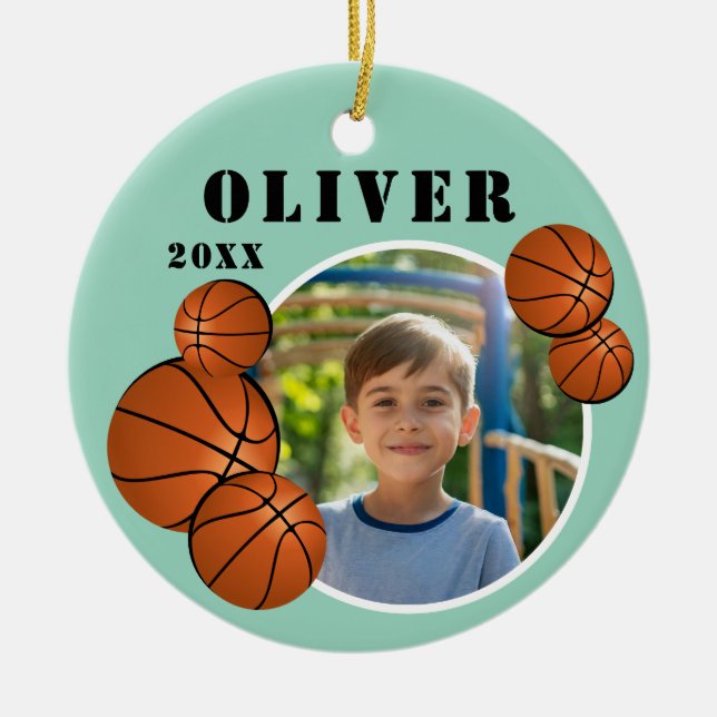 Custom Green Basketball Ball Sports Photo Ceramic Ornament (Front)