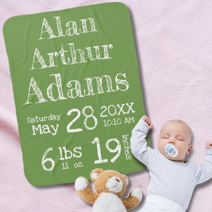 Custom Green Birth Stats Baby Blanket 