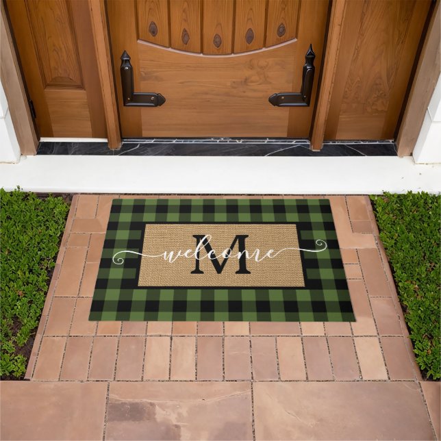 Custom Green Black Buffalo Check Tartan Pattern Doormat (Outdoor)
