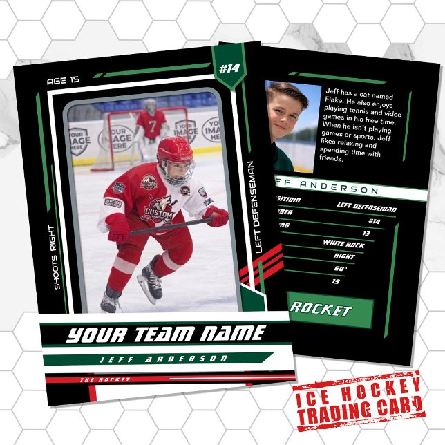 Custom Green & Black Ice Hockey Player Card (Ice Hockey Player Trading Card in White with Custom Team Name and Green and Black Elements)
