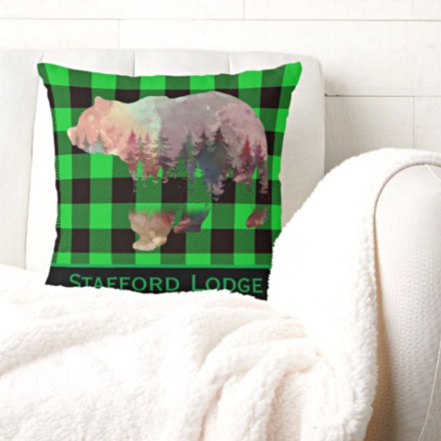 Custom Green Buffalo Plaid Bear Wilderness Throw Pillow (Creator Uploaded)
