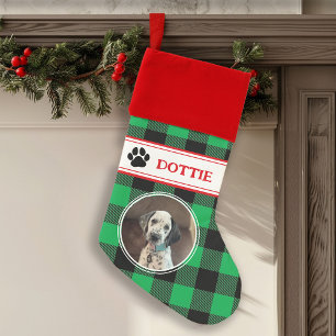Custom Green Buffalo Plaid Photo Dog Christmas Stocking
