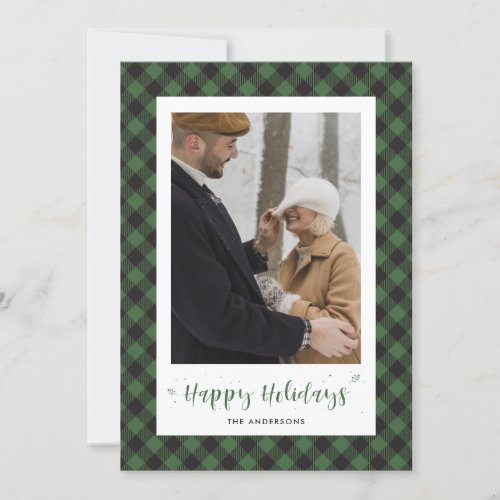 Custom Green Buffalo Plaid Photo Holiday Cards