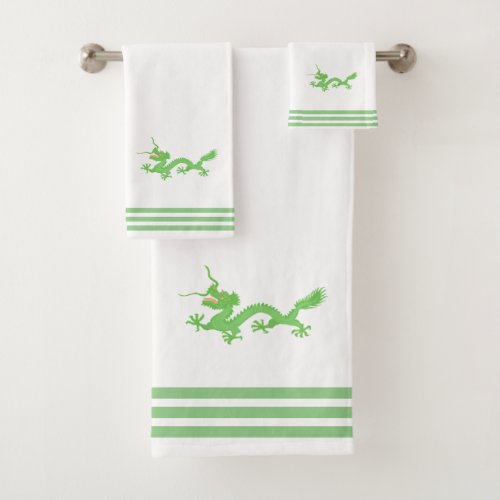 Custom Green Dragon  Three Stripes on White Bath Towel Set