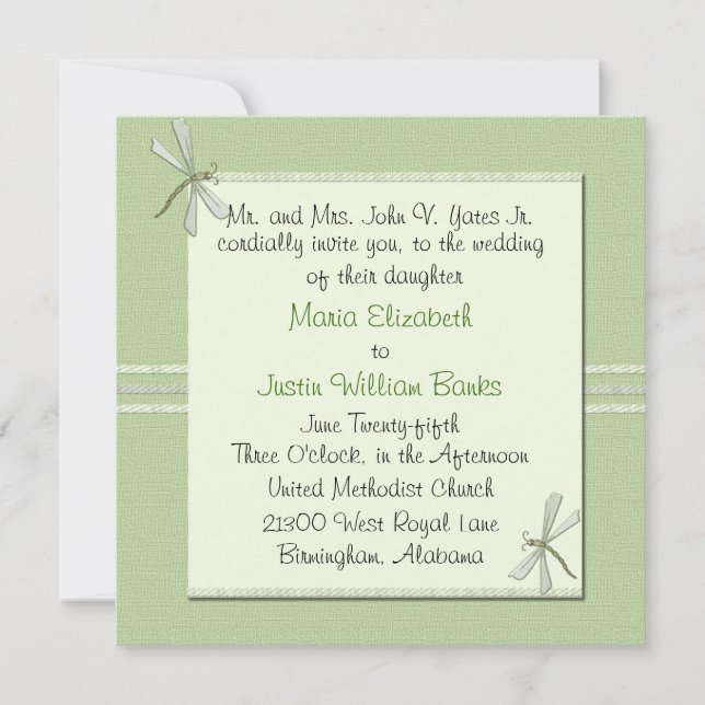 Custom Green Dragonfly Square Wedding Invitation (Front)