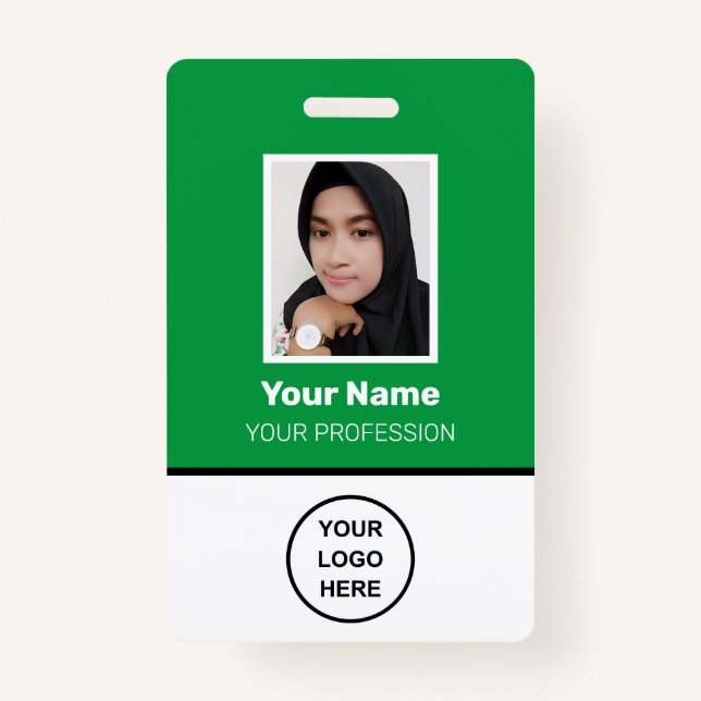 Custom Green Employee Photo, Bar Code, Logo, Name Badge (Front)