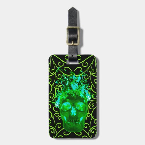 Custom Green Flame Skull Luggage Tag
