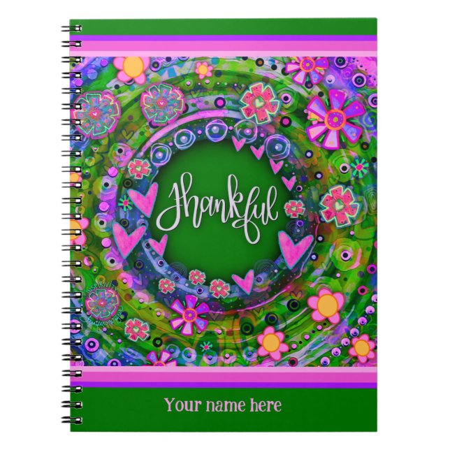 Custom Green Floral Hearts Thankful Fun Colorful Notebook (Front)