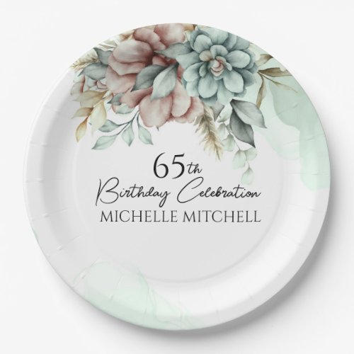 Custom Green Floral Vintage 65th Birthday Paper Plates