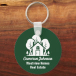 Custom Green Forest House Real Estate Company Keychain<br><div class="desc">This forest green real estate company keychain is perfectly customized for a realtor who specialized in houses near the wilderness or woodlands. The white silhouette of trees behind a log cabin home and personalized with your agent and realty business name for marketing in the backwoods.</div>