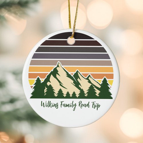 Custom Green Forest Mountain Road Trip Christmas Ceramic Ornament