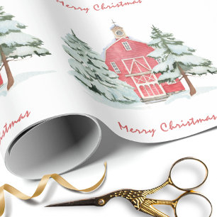 Custom Green Forest Red Barn Pine Christmas Tree Wrapping Paper