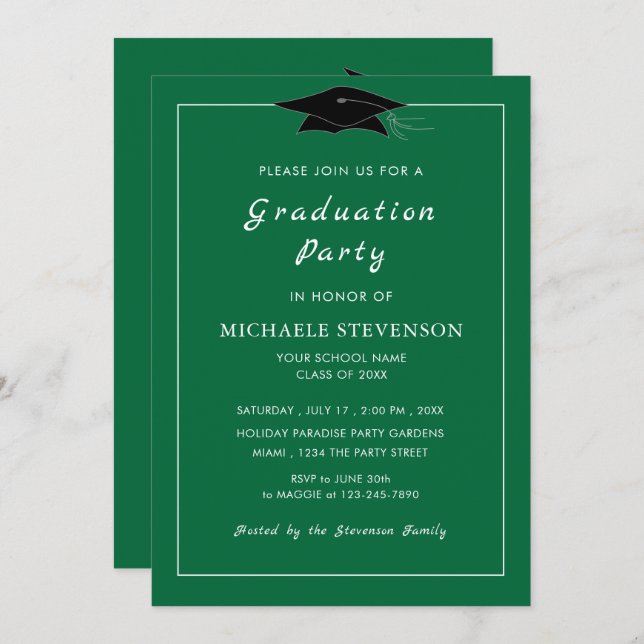 Custom Green Graduation Invitations Choose Colors (Front/Back)
