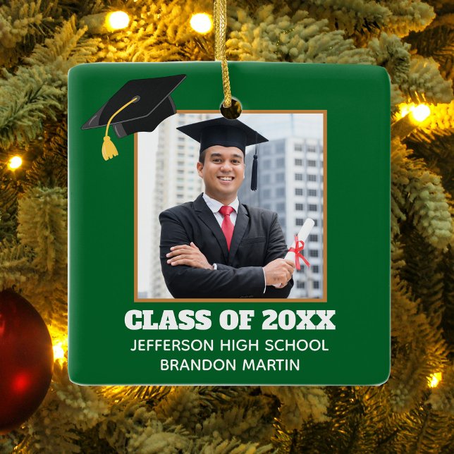 Custom Green Graduation Senior Portrait Photo 2026 Ceramic Ornament (Creator Uploaded)