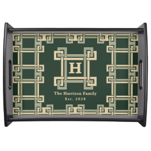 Custom Green Greek Key Monogram Family Name Est Serving Tray
