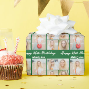 Custom Green Happy Birthday Photo Collage Wrapping Paper