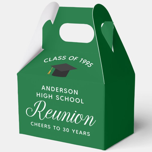Custom Green High School Alumni Reunion Party Favor Boxes (Front)