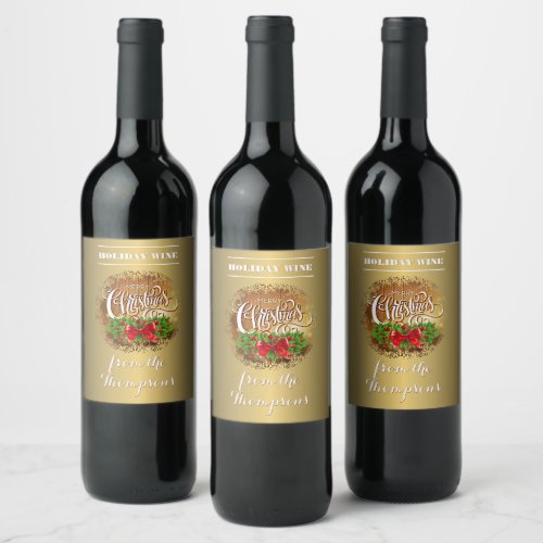 Custom Green Holly Leaves Red Berries On Faux Gold Wine Label