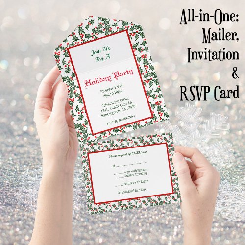 Custom Green Holly Red Berries All in One Invite