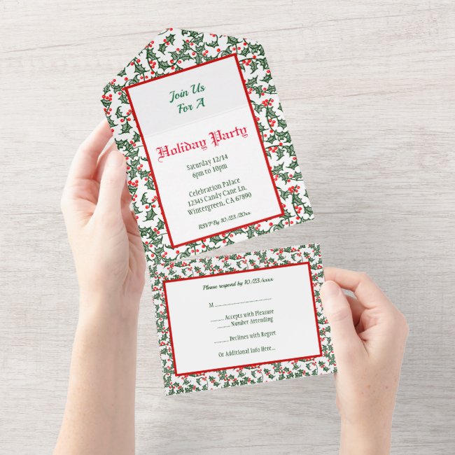 Custom Green Holly Red Berries All in One Invite