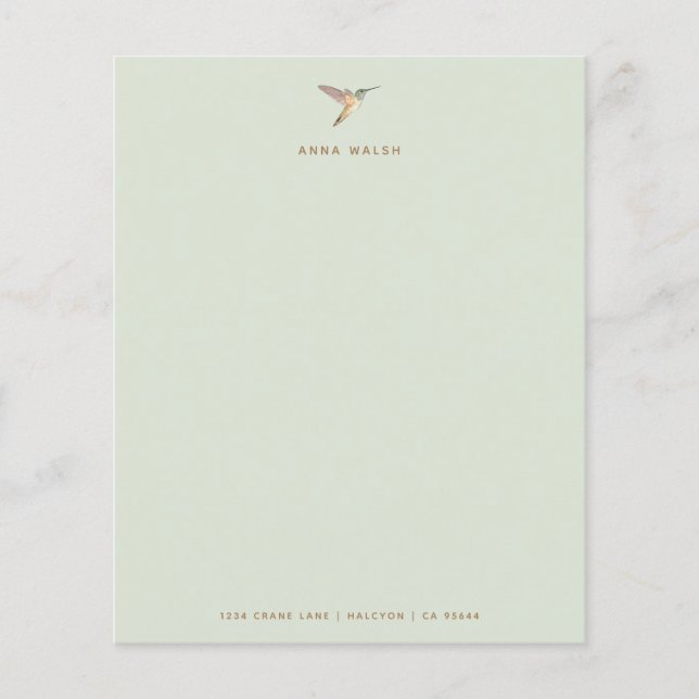 Custom Green Hummingbird Stationery Paper (Front)