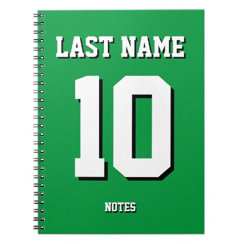 Custom Green Last Name Sports Jersey Number  Notebook