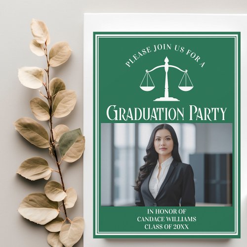 Custom Green Law School Graduation Photo Party Invitation