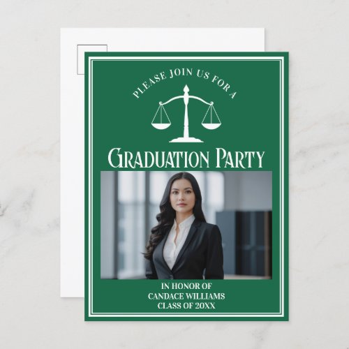 Custom Green Law School Graduation Photo Party Invitation Postcard