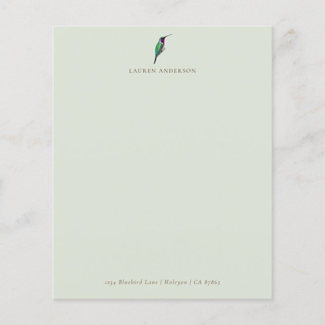 Custom Green Lucifer Hummingbird Stationery Paper (Front)