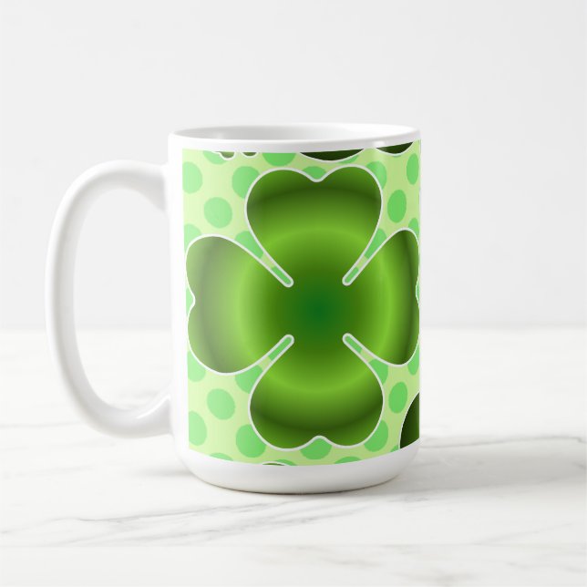 Custom Green Lucky Clover Pattern Gift Coffee Mug (Left)