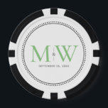 Custom Green Monogrammed Wedding Date Poker Chips<br><div class="desc">Custom Elegant Green Monogrammed with Black dotted border with wedding date. The dotted border is reminiscent of milgrain,  which is a jewelry-detailing technique often used for engagement and wedding rings. The milgrain border adds both a modern and elegant style to this monogram.</div>