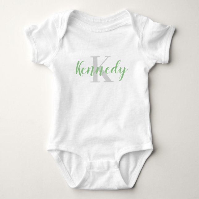 Custom Green Name and Gray Initial Baby T-Shirt Baby Bodysuit (Front)