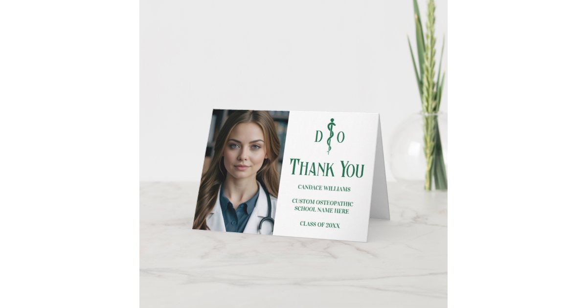 Custom Green Osteopathic Medical Doctor Photo Thank You Card | Zazzle