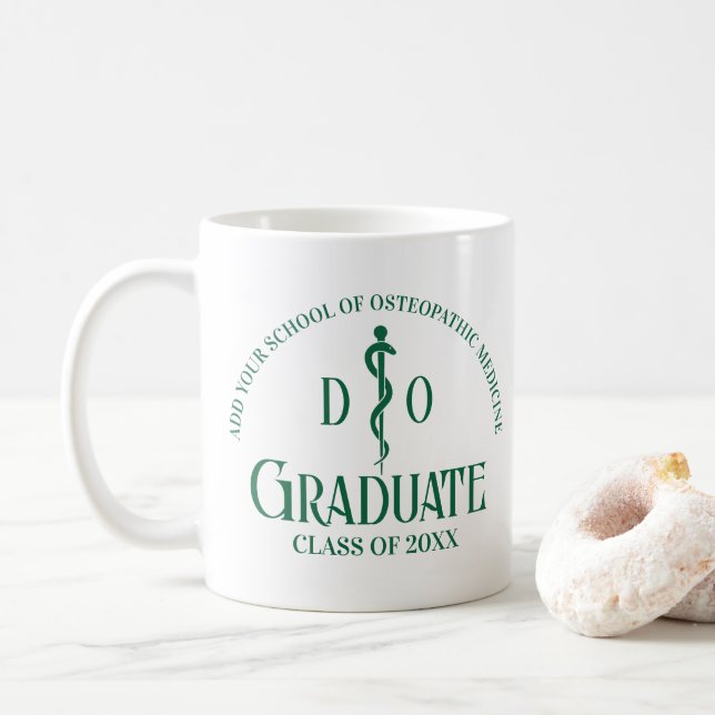 Custom Green Osteopathic Medical School Graduation Coffee Mug (With Donut)