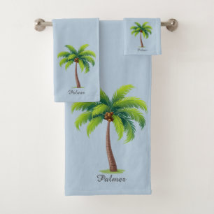 Custom Green Palm Tree & Script on Wondrous Blue Bath Towel Set