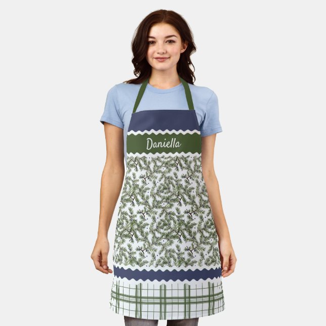 Custom Green Pine Needles Blue Juniper Berries Apron (Worn)
