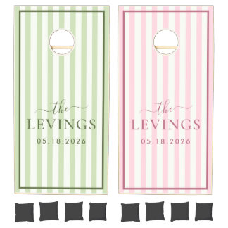 Custom Green Pink Striped Wedding Cornhole Set