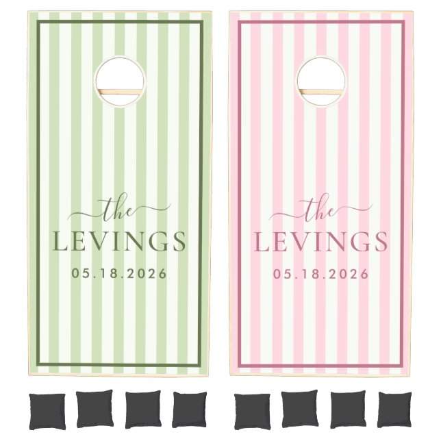  Custom Green Pink Striped Wedding Cornhole Set (Set)