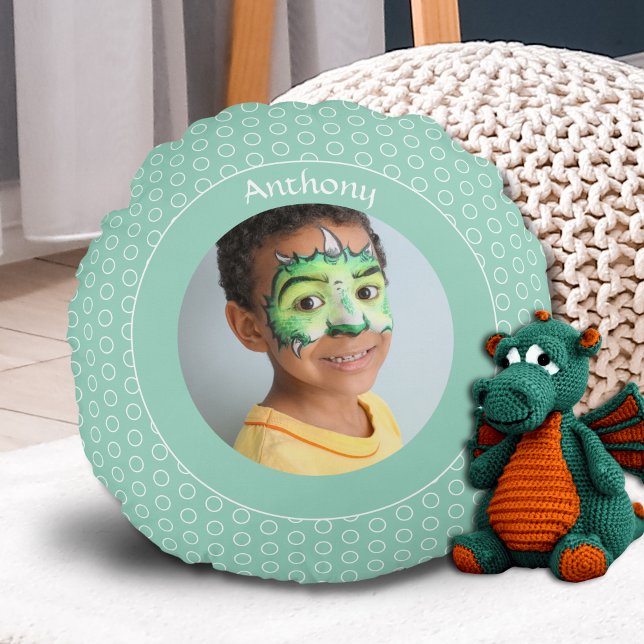 Custom Green Polka Dot Photo Frame  Round Pillow (Creator Uploaded)