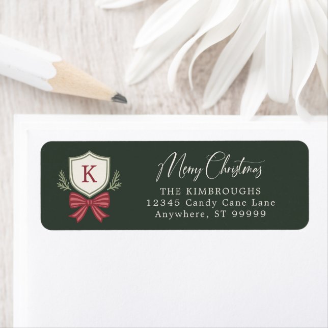 Custom Green Red Monogram Crest Bow Christmas Label (Insitu)