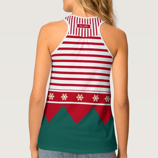 Custom Green Red White Stripes Elf Women's Tank Top (Back)