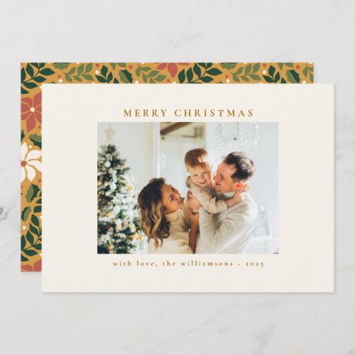 Custom Green Red Yellow Floral Photo Christmas Holiday Card