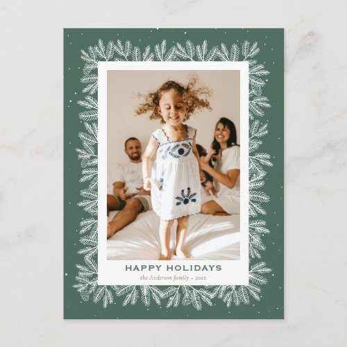 Custom Green Rustic Pine Snow Photo Happy Holiday Postcard