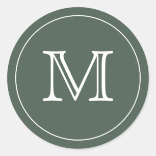 Custom GREEN SAGE Black Monogram Letter Classic Round Sticker