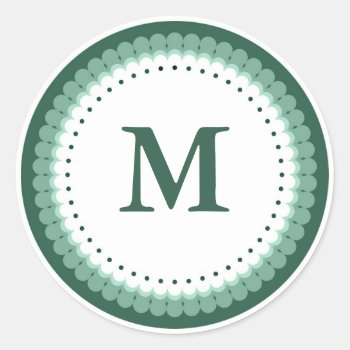 Custom Green Scalloped Monogram Classic Round Sticker by InitialsMonogram at Zazzle