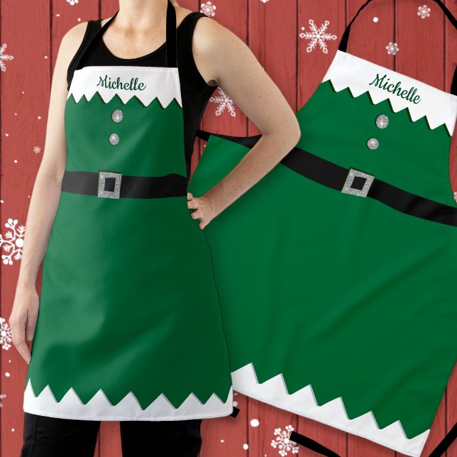 Custom Green Silver Glitter Workshop Elf Christmas Apron (Creator Uploaded)