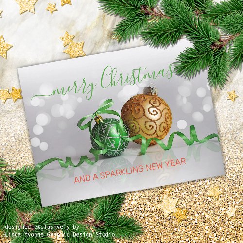 Custom Green Silver Gold Tree Ornaments Holiday Card
