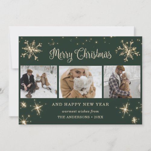 Custom Green Sparkly Snowflake Photo Collage Holiday Card
