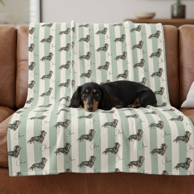 Custom Green Stripe Dachshund Pet Name Fleece Blanket (Get cozy with this "Custom Green Stripe Dachshund Pet Name Fleece Blanket"!)